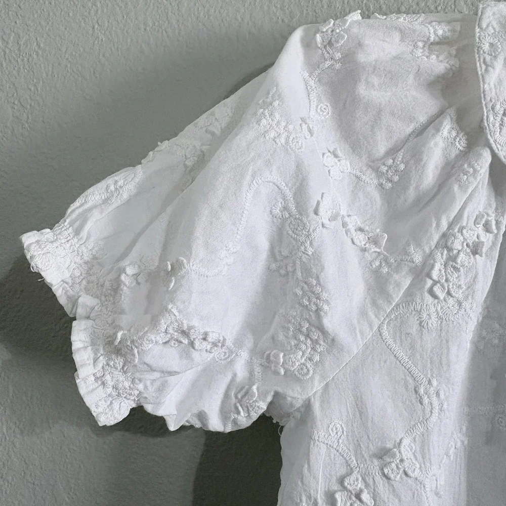 Mini Boden Girls 6-7Y White Embroidered Cotton Peter Pan Collar Blouse